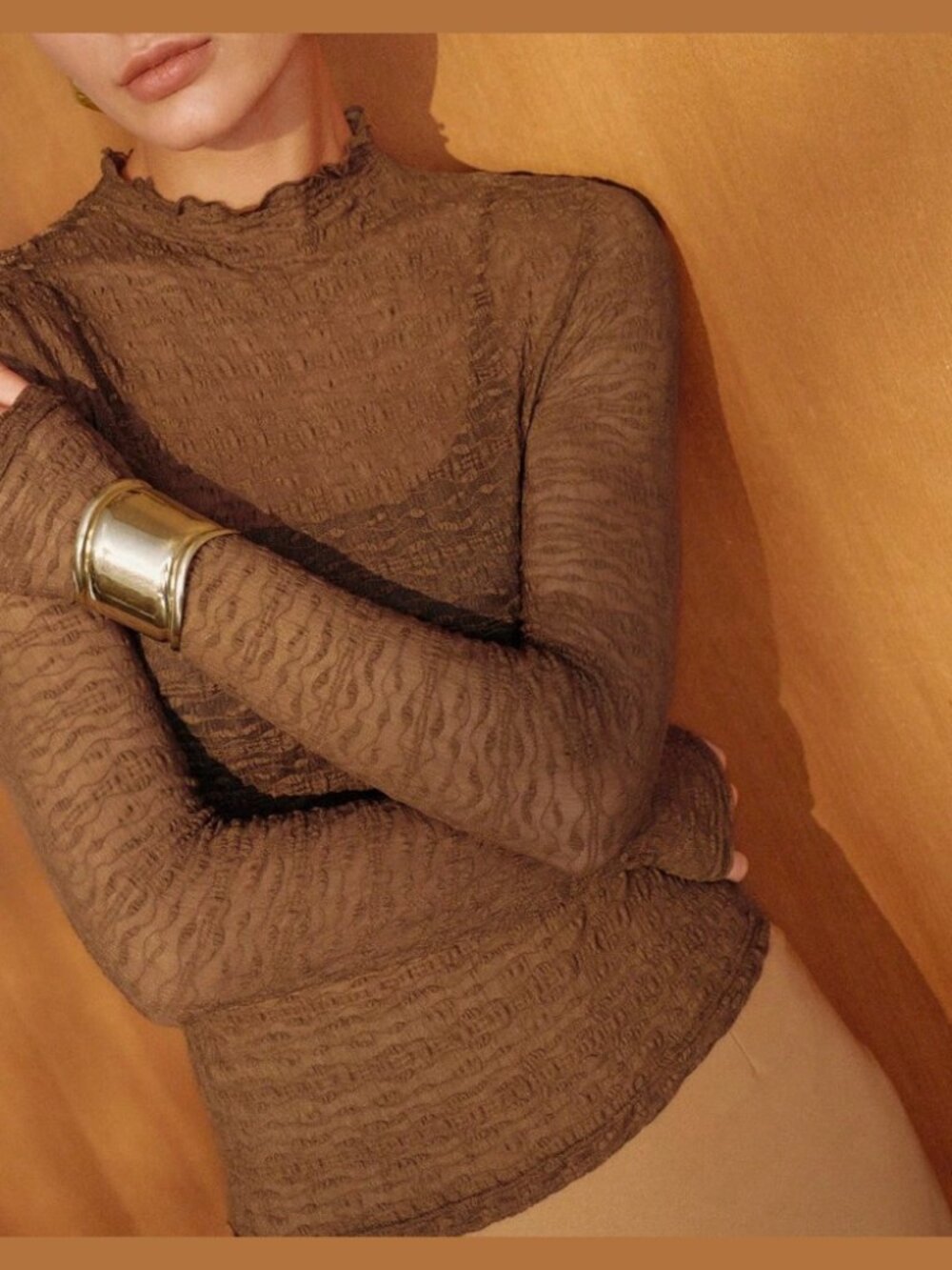 Brown Textured Knit Top with Lettuce-Edge Mock Neck